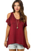 Wine V Neck Cold Shoulder Swing Top